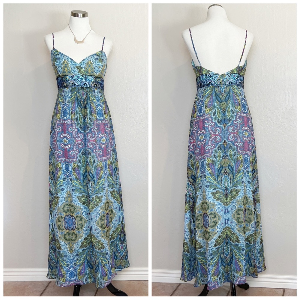 •ADRIANNA PAPELL• Silk Paisley Print Maxi Dress with Beaded/Sequin Detail Waist